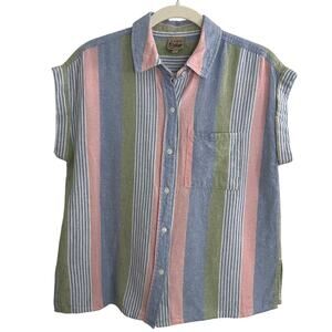 Linen Short Sleeve Button Down Shirt Pastel Stripe Spring Summer Top Size M